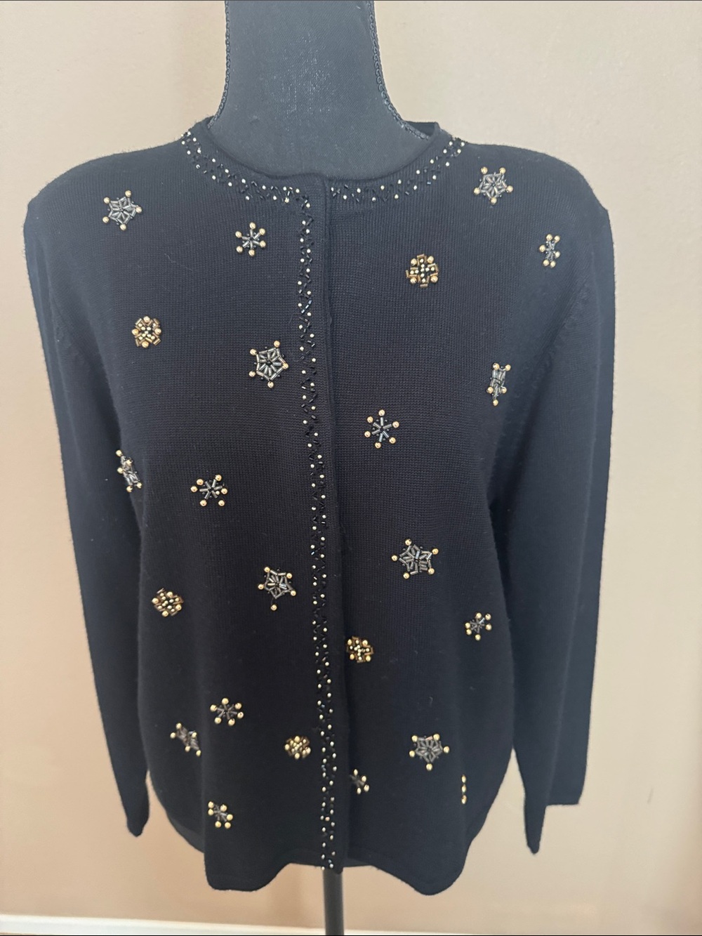 Karen Scott Beaded Black Fall Holiday Cardigan with Snowflake Accents